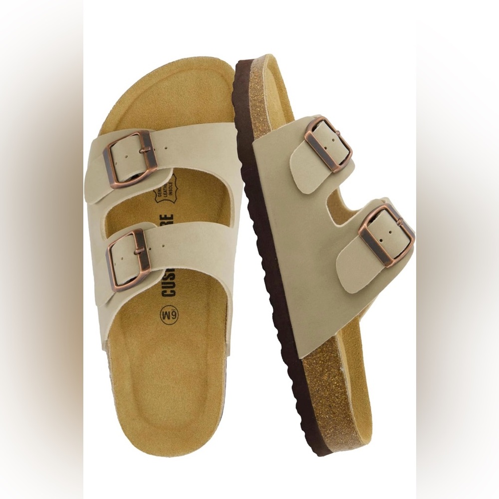 Cushionaire Lane Taupe Double Strap Buckle Sandals
